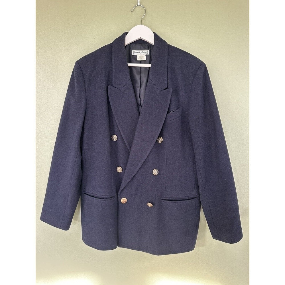 Vtg Stephanie Andrews Blazer Double Breasted Blue Gold Buttons Sz 16 100… - Picture 1 of 11